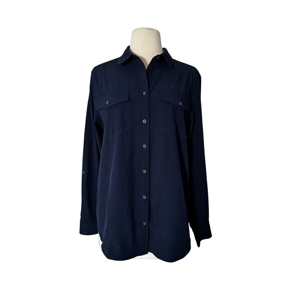 Eddie Bauer Navy Blue Long Sleeve Roll Tab Button Down Utility Shirt Womens M